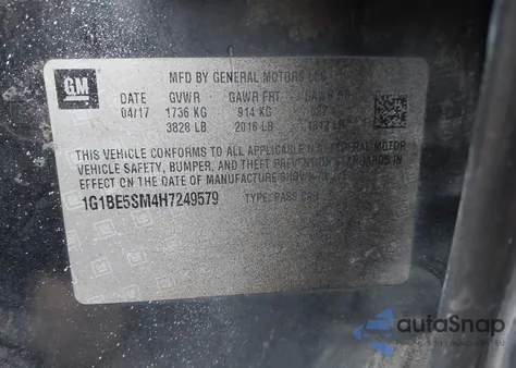 2017 Chevrolet Cruze Lt Auto z USA, uszkodzony, nr VIN 1G1BE5SM4H7249579